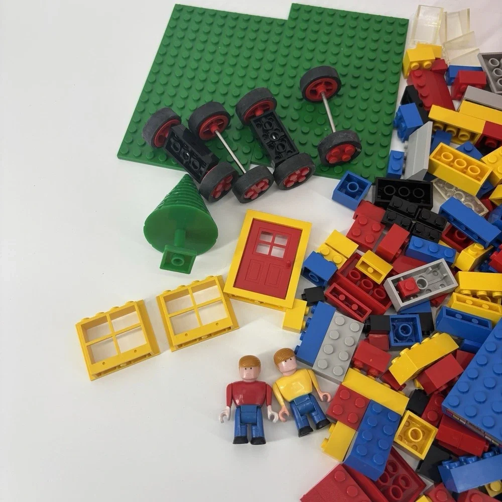 Vintage 1980's Tyco Super Building Blocks Lot With Bucket Figures Wheels Windows